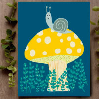 Whimsical Snail on Magical Mushroom Cute
