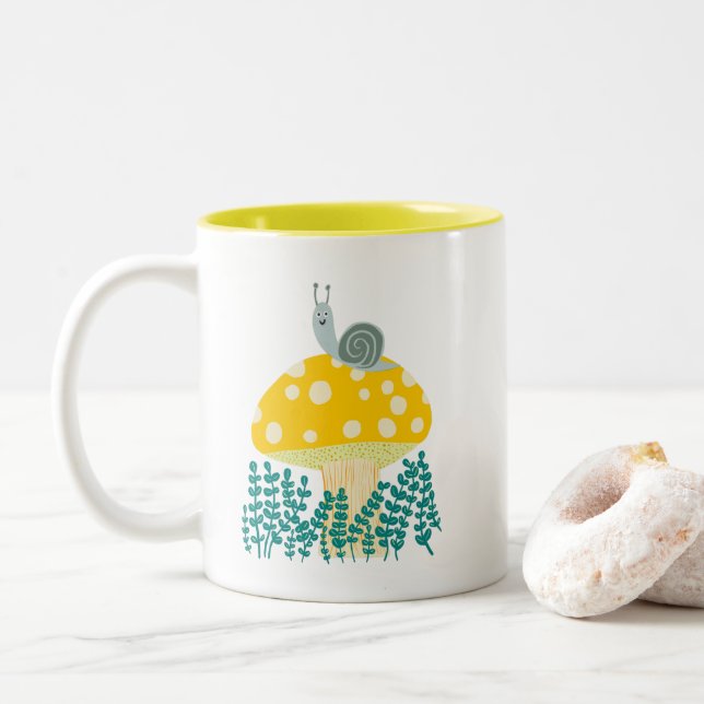 Whimsical Snail on Magical Mushroom Two-Tone Coffee Mug (With Donut)