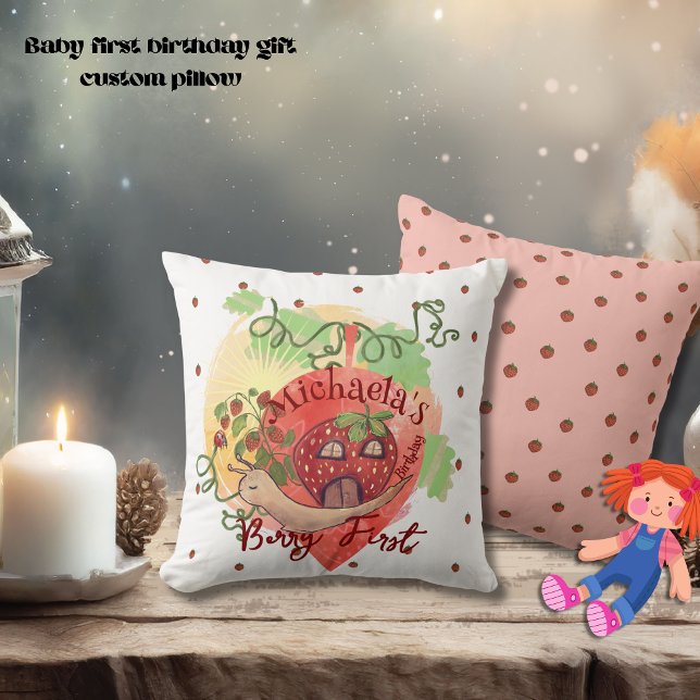 Whimsical Snail & Strawberry 1st birthday Cushion (Whimsical Snail & Strawberry 1st birthday Throw Pillow)
