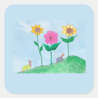 Whimsical Snails & Colourful Flowers Square Sticker
