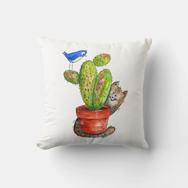 Whimsical Sneaky Cat with Cactus Cushion (Front)