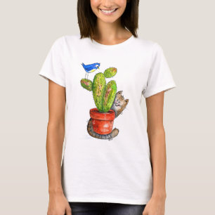 Whimsical Sneaky Cat with Cactus T-Shirt