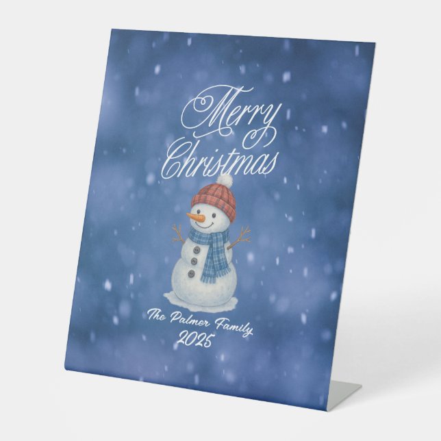 Whimsical Snow Man Merry Christmas Pedestal Sign (Front)