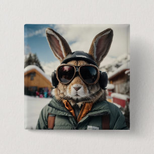Whimsical Snowboarding Bunny 15 Cm Square Badge