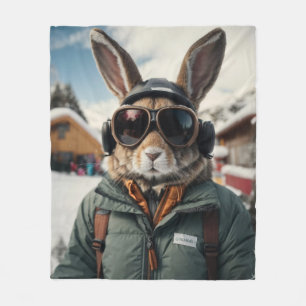 Whimsical Snowboarding Bunny Fleece Blanket