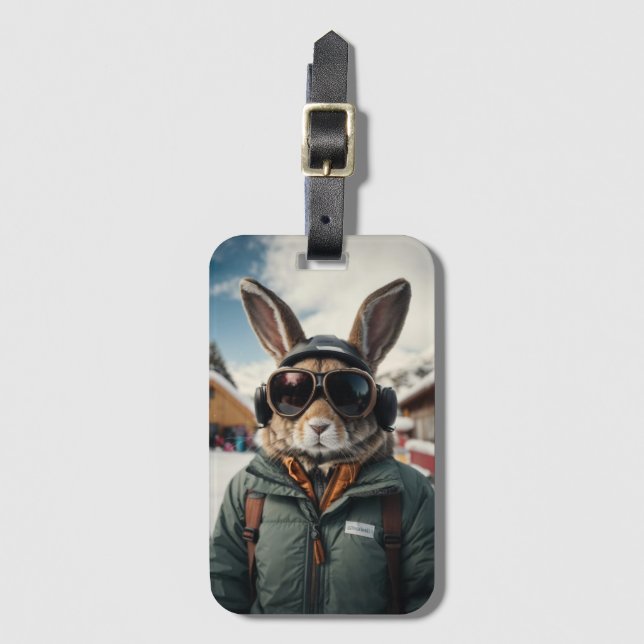 Whimsical Snowboarding Bunny Luggage Tag (Front Vertical)