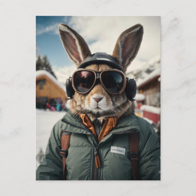 Whimsical Snowboarding Bunny Postcard (Front)