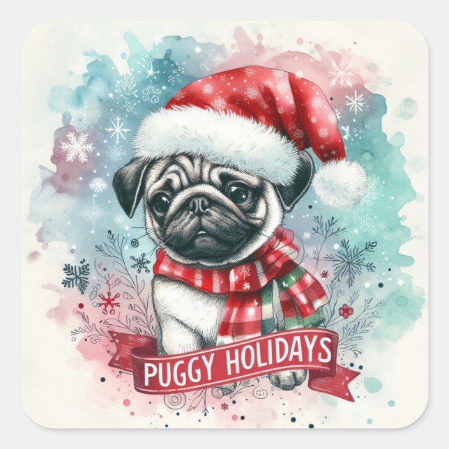 Whimsical Snowflake -,Charming Pug Dog Christmas Square Sticker (Front)
