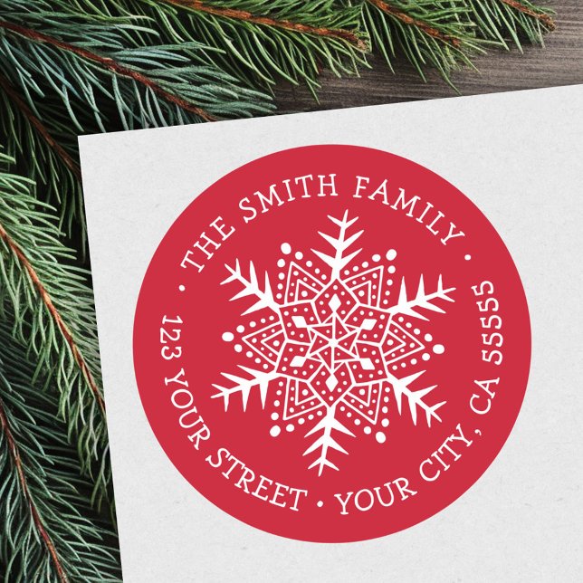 Whimsical snowflake Christmas red return address Classic Round Sticker (Whimsical snowflake Christmas red return address Classic Round Sticker)