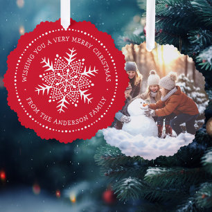 Whimsical snowflake dot border red tree decoration card