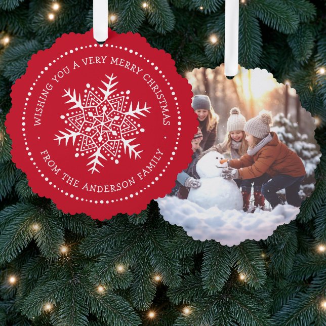 Whimsical snowflake dot border red tree decoration card (Whimsical snowflake dot border red ornament card)