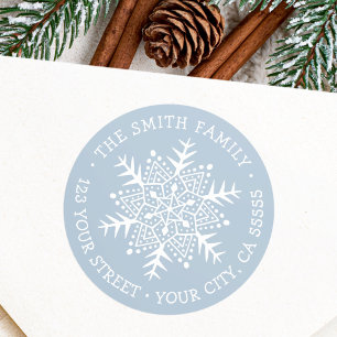 Whimsical snowflake dusty blue return address clas classic round sticker