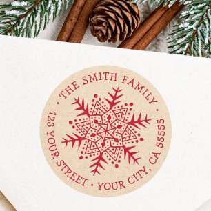 Whimsical snowflake Kraft look red return address Classic Round Sticker