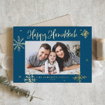 Whimsical Snowflakes Blue Happy Hanukkah Photo Foil Holiday Card<br><div class="desc">Happy Hanukkah! Send warm wishes to family and friend with this gold foil Hanukkah card. It featrures whimsical snowflakes and modern calligraphy. Personalise this photo Hanukkah card by adding your own details. This snowflakes Hanukkah photo card is avialable in other colours and cardstock.</div>