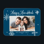 Whimsical Snowflakes Blue Happy Hanukkah Photo Magnet<br><div class="desc">Happy Hanukkah! Send warm wishes to family and friends with this whimsical Hanukkah magnet. It features whimsical snowflakes and modern calligraphy. Personalise this photo Hanukkah card by adding your details. This snowflake Hanukkah photo magnet is available in other colours and cardstock.</div>