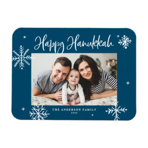 Whimsical Snowflakes Blue Happy Hanukkah Photo Magnet