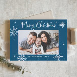 Whimsical Snowflakes Blue Merry Christmas Photo Holiday Card<br><div class="desc">Merry Christmas! Send warm wishes to family and friends with this whimsical Christmas card. It features whimsical snowflakes and modern calligraphy. Personalise this photo Christmas card by adding your details. This snowflake Christmas photo card is available in other colours and cardstock.</div>