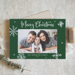 Whimsical Snowflakes Green Merry Christmas Photo Holiday Card<br><div class="desc">Merry Christmas! Send warm wishes to family and friends with this whimsical Christmas card. It features whimsical snowflakes and modern calligraphy. Personalise this photo Christmas card by adding your details. This snowflake Christmas photo card is available in other colours and cardstock.</div>