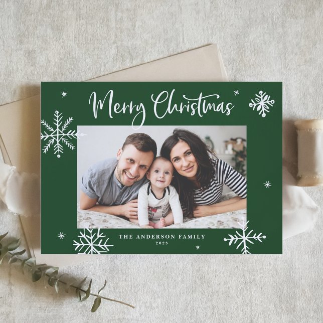 Whimsical Snowflakes Green Merry Christmas Photo Holiday Card (Creator Uploaded)