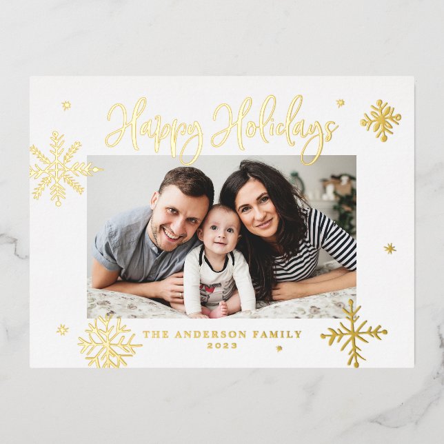 Whimsical Snowflakes Happy Holidays Photo Foil Holiday Postcard (Front)