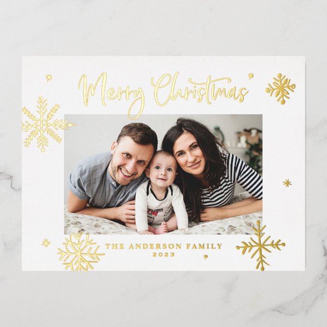 Whimsical Snowflakes Merry Christmas Photo Foil Holiday Postcard (Front)