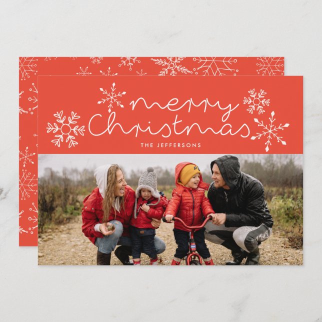 Whimsical Snowflakes Red Christmas Photo Card (Front/Back)