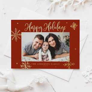 Whimsical Snowflakes Red Happy Holidays Photo Foil Holiday Card