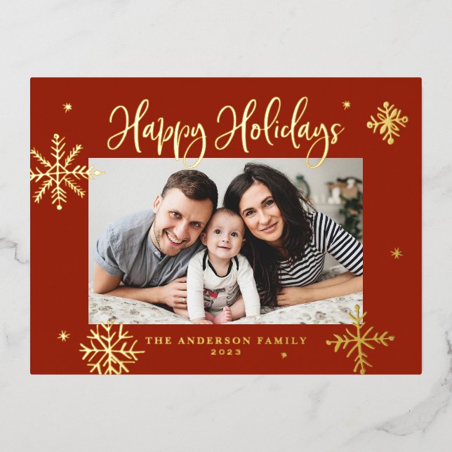 Whimsical Snowflakes Red Happy Holidays Photo Foil Holiday Postcard (Front)