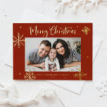 Whimsical Snowflakes Red Merry Christmas Photo Foil Holiday Card<br><div class="desc">Merry Christmas! Send warm wishes to family and friends with this gold foil Christmas card. It features whimsical snowflakes and modern calligraphy. Personalise this photo Christmas card by adding your own details. This snowflakes Christmas photo card is available in other colours and cardstock.</div>