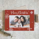 Whimsical Snowflakes Red Merry Christmas Photo Holiday Card<br><div class="desc">Merry Christmas! Send warm wishes to family and friends with this whimsical Christmas card. It features whimsical snowflakes and modern calligraphy. Personalise this photo Christmas card by adding your details. This snowflake Christmas photo card is available in other colours and cardstock.</div>