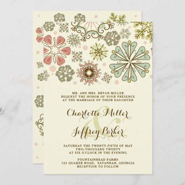 Whimsical Snowflakes Wedding Invitation (Front/Back)