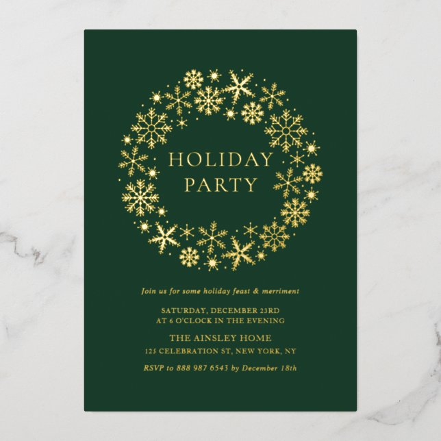 Whimsical Snowflakes Wreath Green Holiday Party (Front)