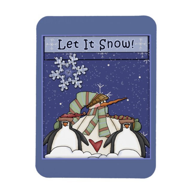 Whimsical Snowman and Penguins Magnet (Vertical)