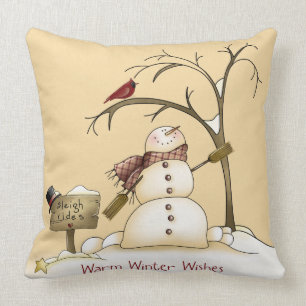 Whimsical Snowman Cardinal Sleigh Snow Tree Cushion