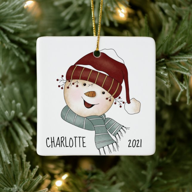 Whimsical Snowman Custom Photo Christmas  Ceramic Ornament (Tree)
