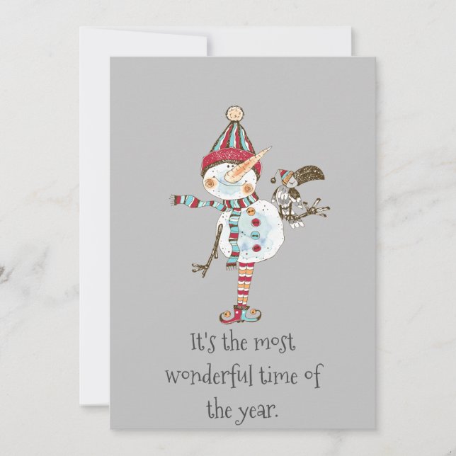 Whimsical Snowman Elf Holiday Card (Front)
