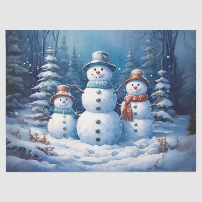 Whimsical Snowman Family in Snowy Landscape Decoup Tissue Paper (Front)