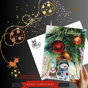 Whimsical Snowman & Forest Friends Budget Postcard