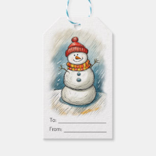 Whimsical Snowman in Orange Knit Cap and Scarf Gift Tags