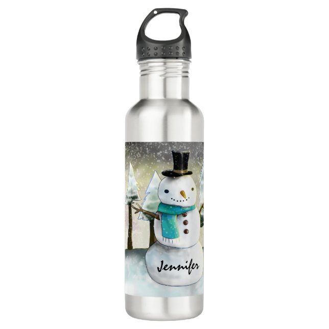 Whimsical Snowman in Winter Christmas Drawing 710 Ml Water Bottle (Front)