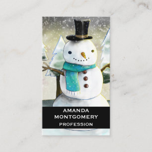 Whimsical Snowman in Winter Christmas Drawing Business Card