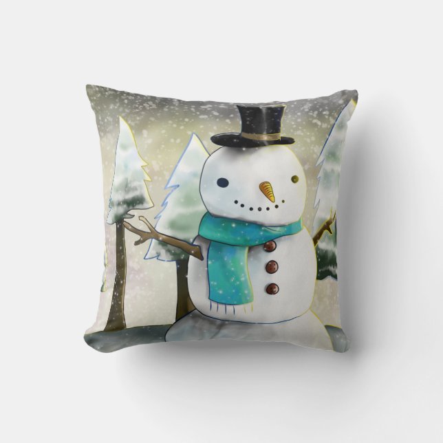 Whimsical Snowman in Winter Christmas Drawing Cushion (Front)