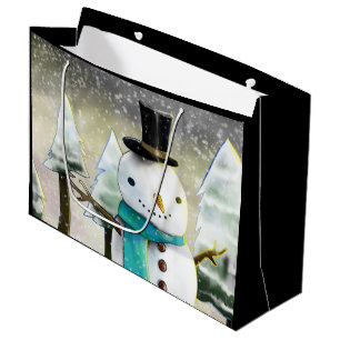 Whimsical Snowman in Winter Christmas Drawing Large Gift Bag