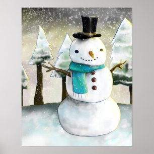 Whimsical Snowman in Winter Christmas Drawing Poster