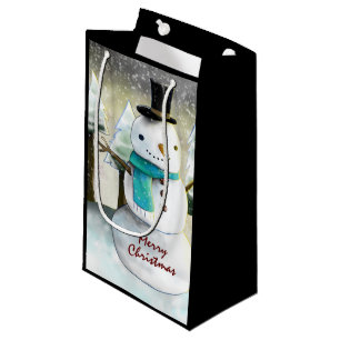 Whimsical Snowman in Winter Christmas Drawing Small Gift Bag