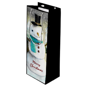 Whimsical Snowman in Winter Christmas Drawing Wine Gift Bag