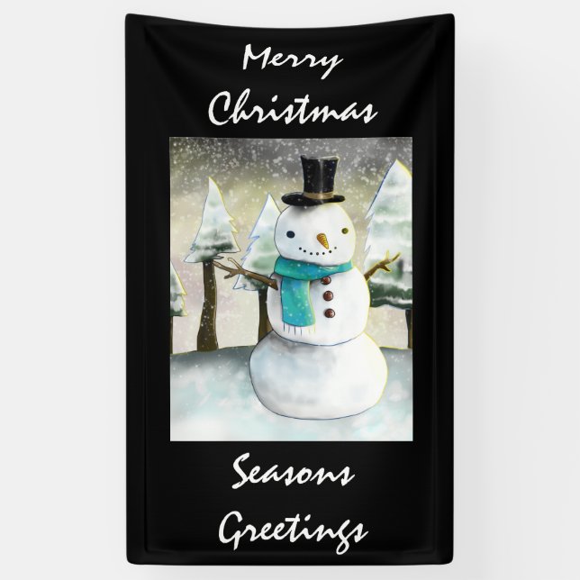 Whimsical Snowman in Winter Christmas Scene Banner (Vertical)