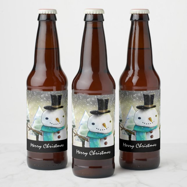 Whimsical Snowman in Winter Christmas Scene Beer Bottle Label (Bottles)