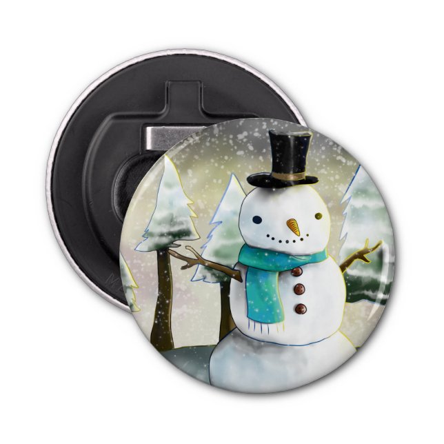 Whimsical Snowman in Winter Christmas Scene Bottle Opener (Front)