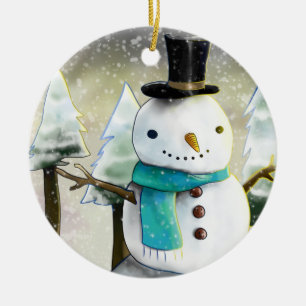 Whimsical Snowman in Winter Christmas Scene Ceramic Tree Decoration
